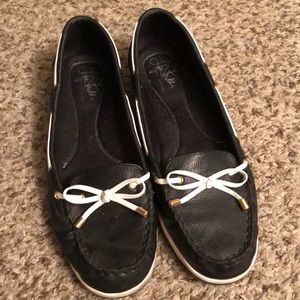 Lifestride comfort boat flat shoes black leather